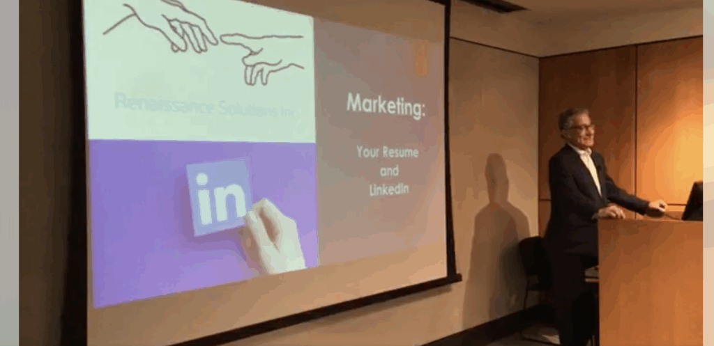 Presentation slide on marketing with LinkedIn and resume tips.