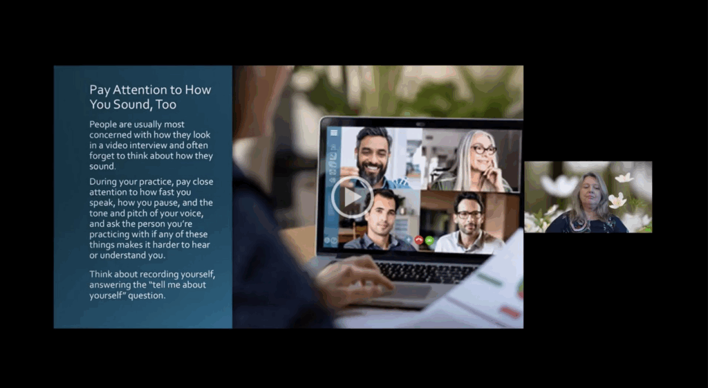 A person attending an online video conference on a laptop with six participants.