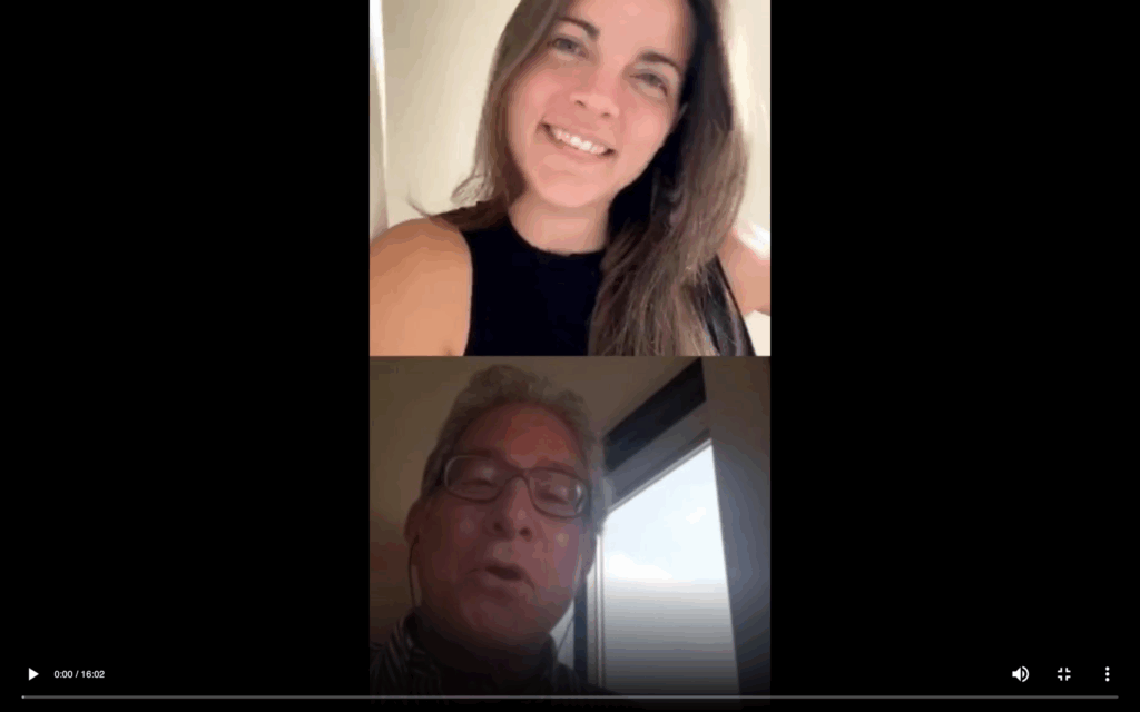 A young woman and an older man video chatting in split screen.