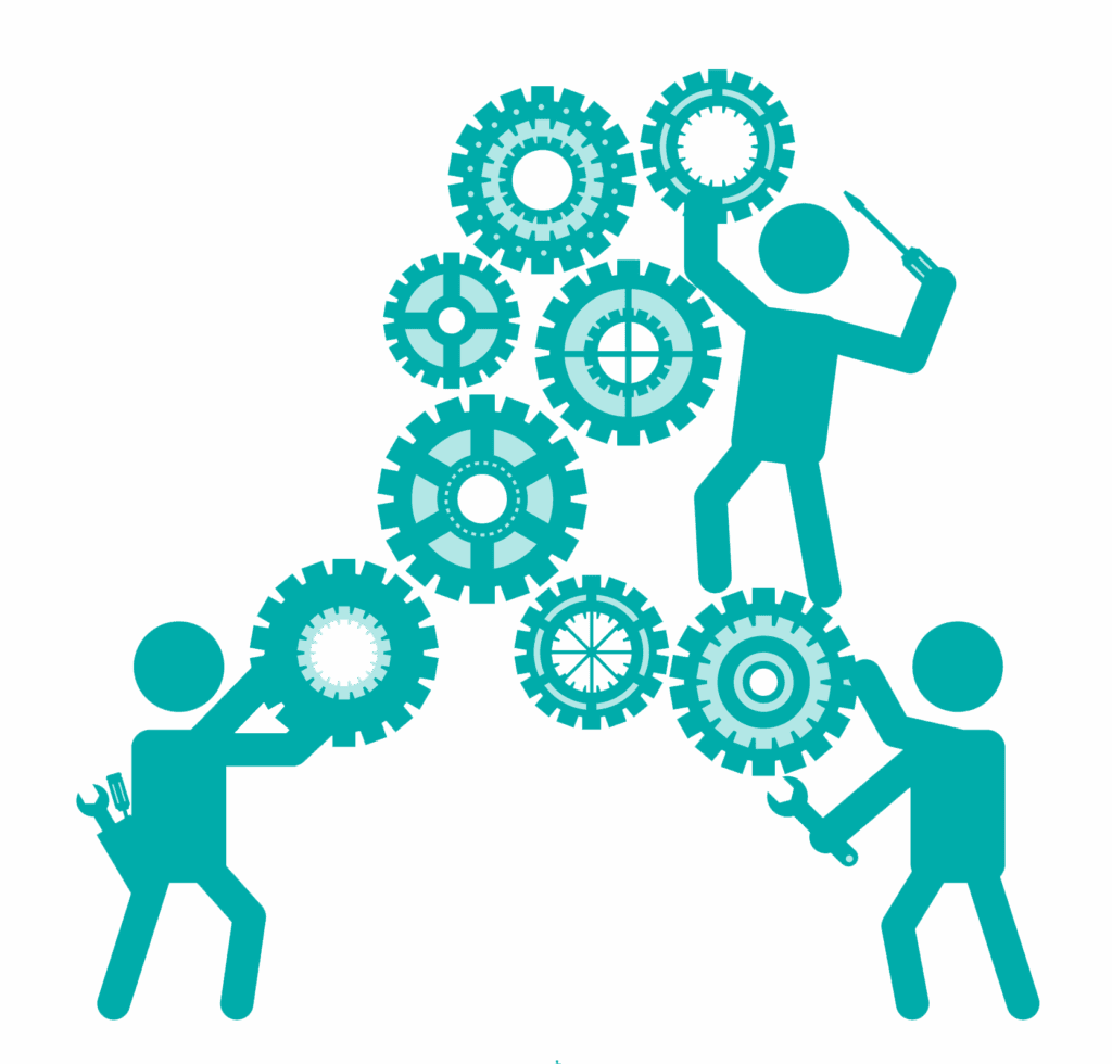Illustration of three people assembling interconnected gears.