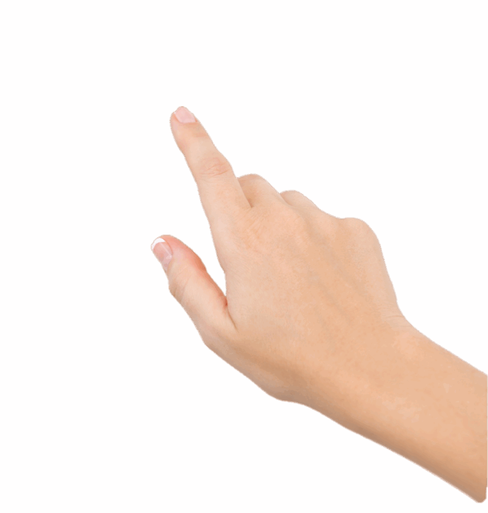 Right hand pointing upward against a plain background.
